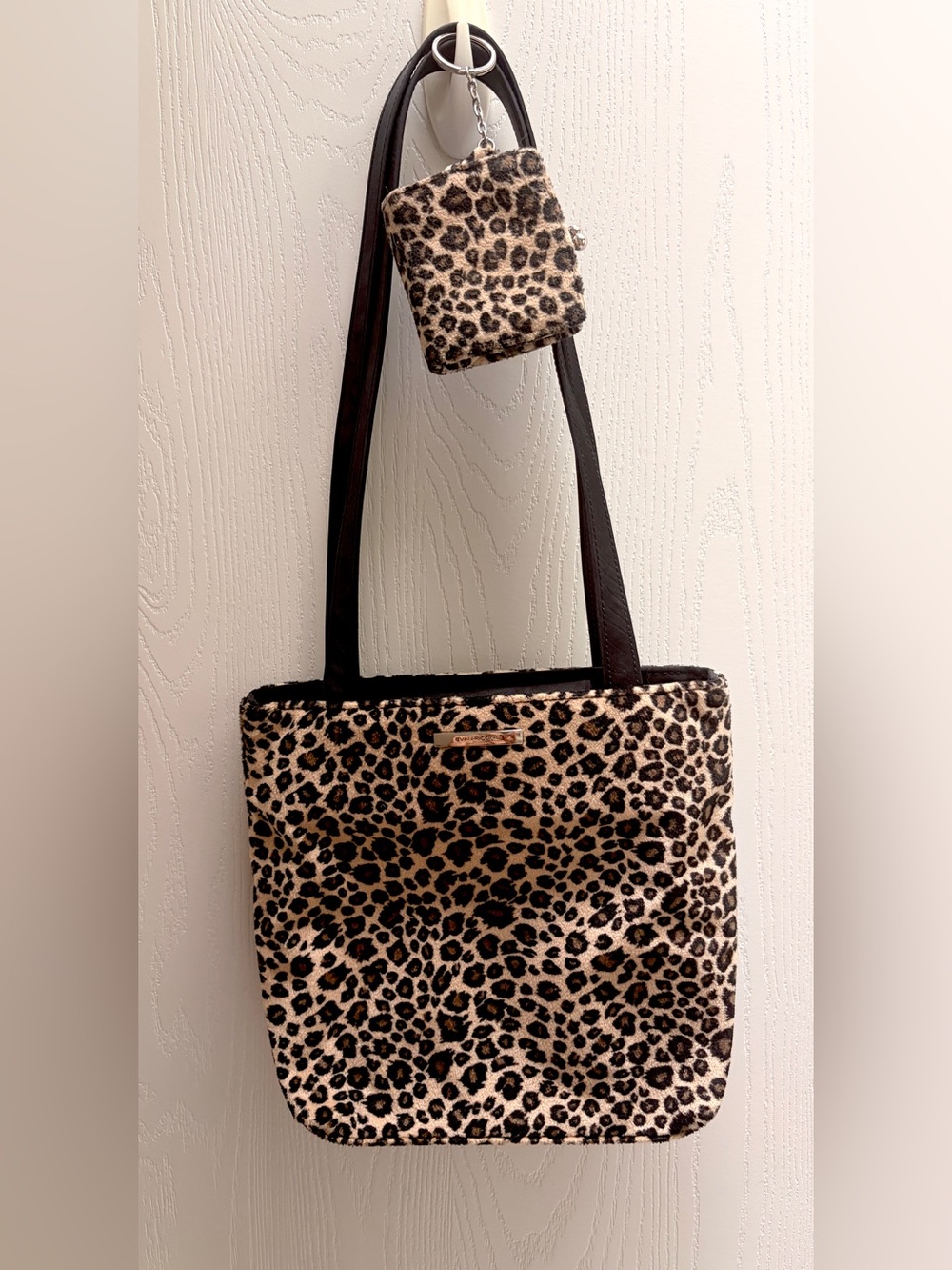 Evan Picone Leopard Print Tote in Beige and Black with Matching Pouch